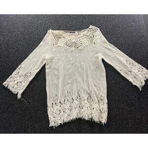 Love Marks Cream Crochet Lace Top M Boho Festival Sheer Knit Pullover Fringe Hem